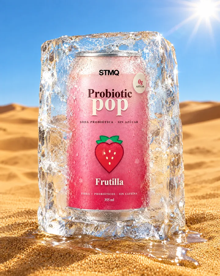 Lata de Probiotic Pop congelada dentro de un bloque de hielo