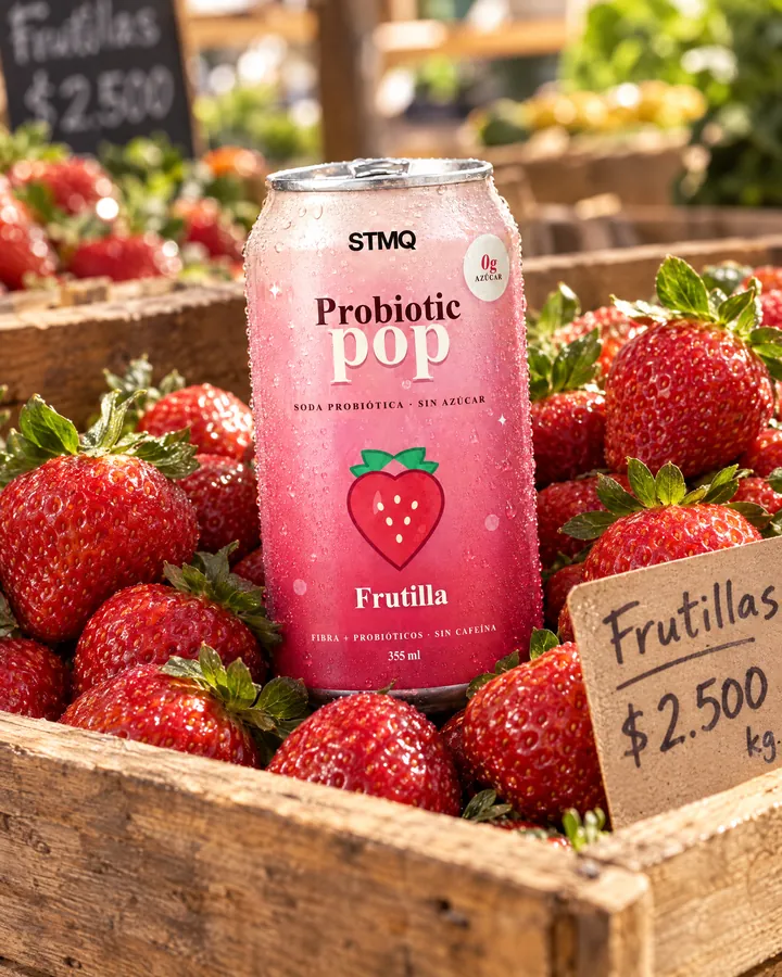 Lata de frutilla entre frutillas frescas